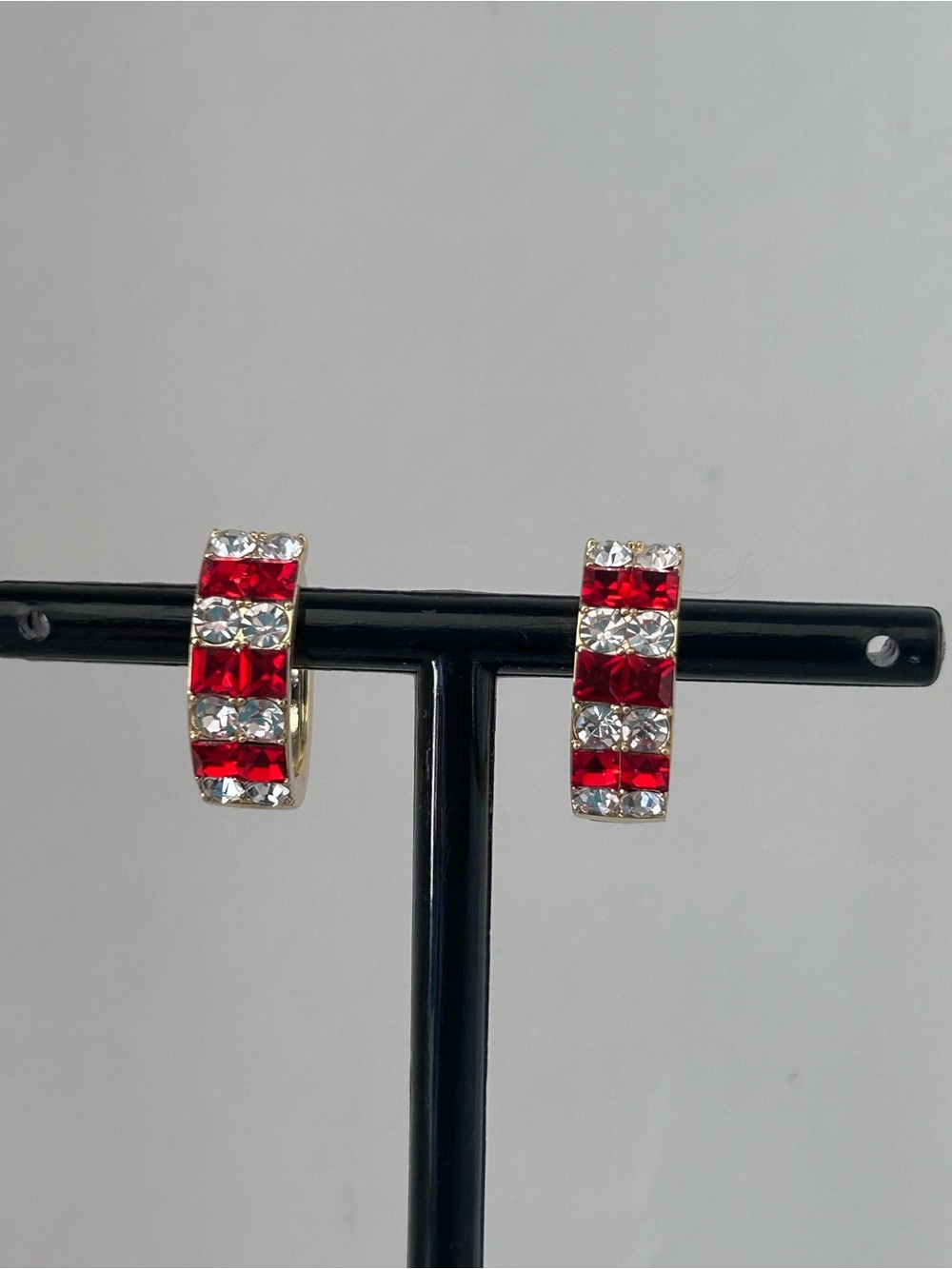 Gold Hoop Earrings with Red and Clear Crystals